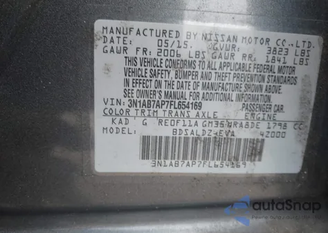 2015 Nissan Sentra Fe+ S/S/Sl/Sr/Sv z USA, uszkodzony, nr VIN 3N1AB7AP7FL654169